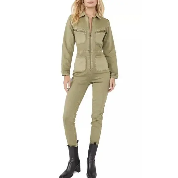 Free People Lennox Denim Utility Jumpsuit Army Green Size S - Picture 1 of 16